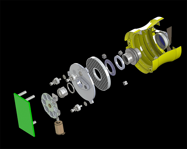 An exploded view of the CubeSat-class telescope manufactured with 3D printed parts. Courtesy of  NASA.