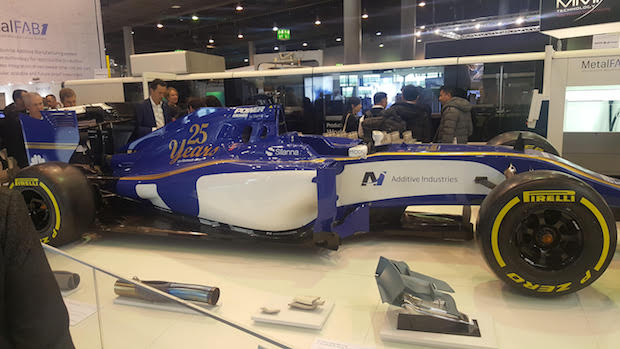 No European engineering trade show is complete without at least one Formula 1 race car on the exhibition floor. Additive Manufacturing used this Sauber Team F1 mockup to demonstrate the capabilities of its new MetalFab1 multi-material metal printing system. 