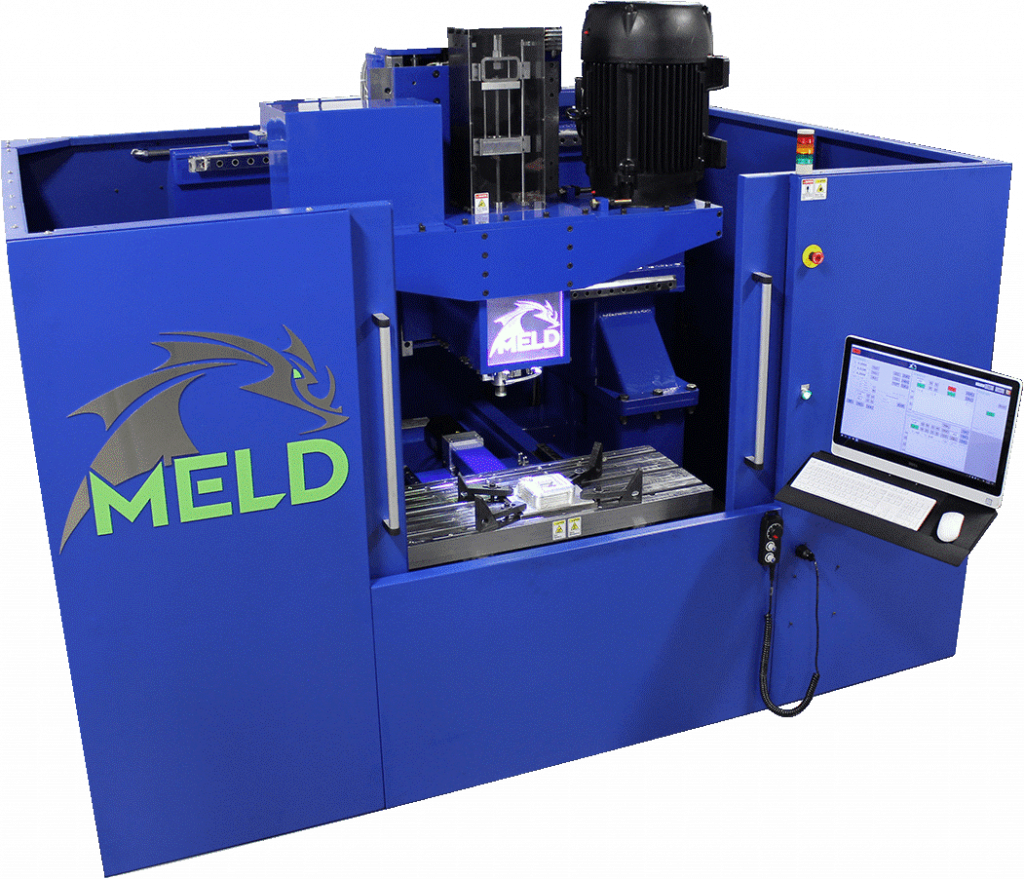The B8 MELD machine offers the flexibility of open atmosphere operation, mitigating health and safety concerns. In addition, the printer reduces operating costs with low-power operation. Typical power consumption falls between 10 A and 20 A. (Image courtesy of MELD Manufacturing.)